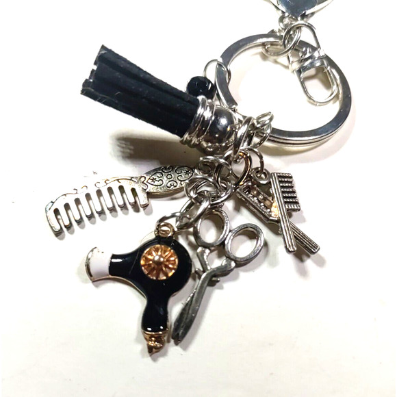 Cosmetology Keychain Silver Tone Brush Hair Dryer Scissors Keychain Purse Clip - Picture 6 of 6